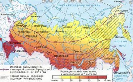 Mapa ng insulasyon - ang solar radiation flux sa Russia