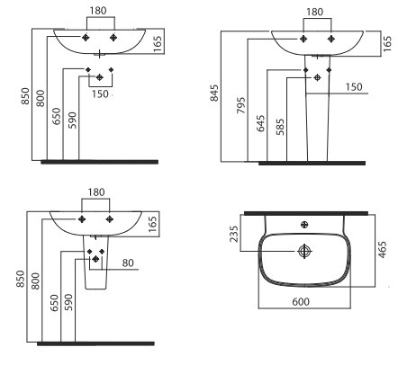 Diagrama esquemático del fregadero con pedestal