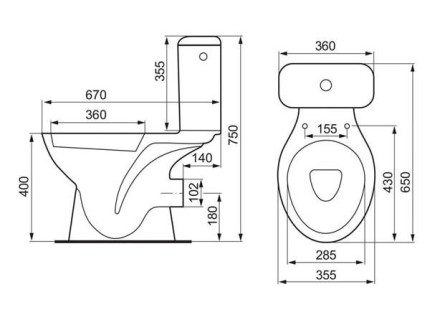 Vízszintes csővel rendelkező WC-rendszer vázlata