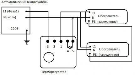 Ang diagram ng koneksyon para sa mga heaters sa pamamagitan ng termostat