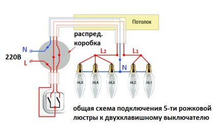 Penkių plaštakų liustra sujungimo schema