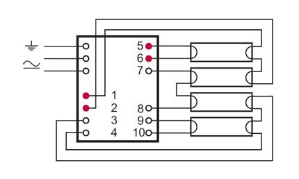 Kết nối bốn đèn trên chấn lưu điện tử