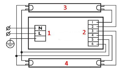 Kahden lampun kytkentä elektronisiin liitäntälaitteisiin