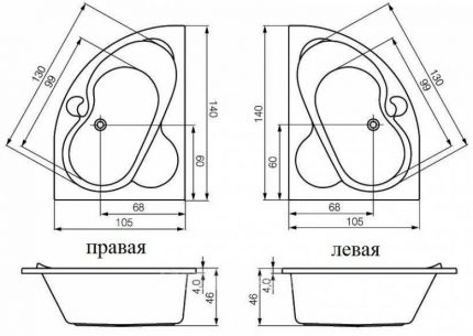 Kairioji ir dešinė asimetrinė vonia