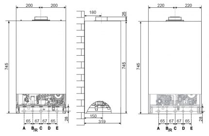 Kích thước tổng thể để gắn nồi hơi trên tường