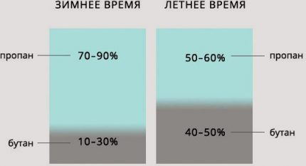 Dujų proporcijos vasarą ir žiemą